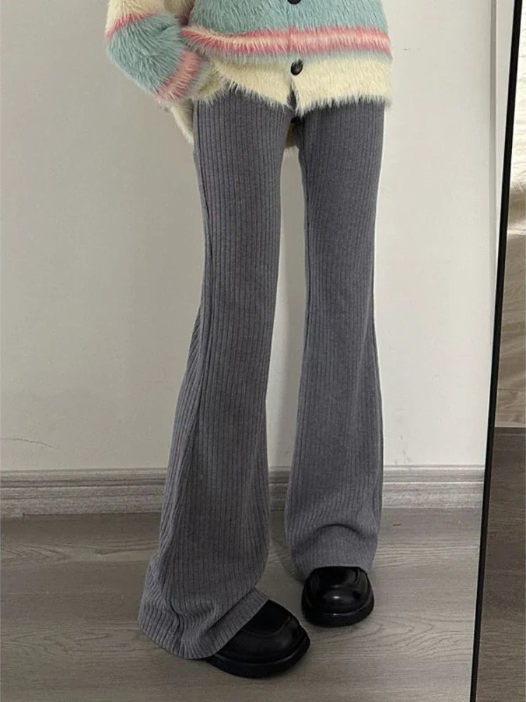 Deeptown Vintage Gray Flare Pants Women Harajuku Black High Waist Wide Leg Trousers Korean Slim Knit Full Pants Y2K Streetwear