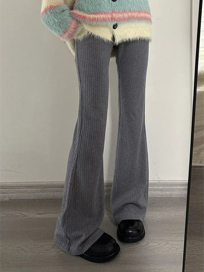 Deeptown Vintage Gray Flare Pants Women Harajuku Black High Waist Wide Leg Trousers Korean Slim Knit Full Pants Y2K Streetwear