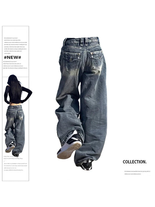 qgtao Women's Vintage Baggy Blue Jeans High Waist Denim Trousers Korean 2000s Y2k Harajuku 90s Aesthetic Oversize Pants Trashy Clothes