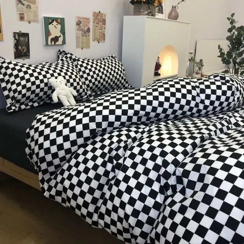 Yeknu Nordic Pink Checkerboard Duvet Cover Sets With Pillowcases Flat Sheet Kids Girls Boys Full Queen Twin Size Kawaii Bedding Kit