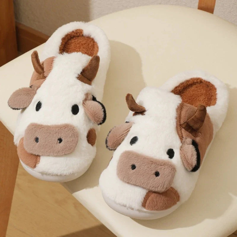 qgtao 2024 Winter Warm Milk Cow Women Slippers Men Cute Soft Plush Sandals Adults Lovely Non-slip Flip Flops Couples Home Flat Slides