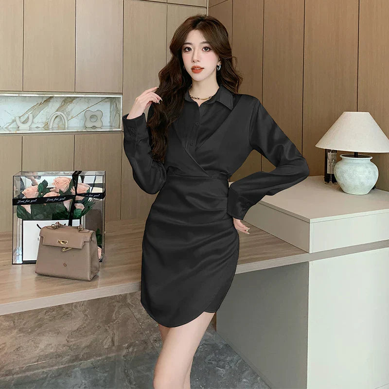 qgtao-2023 New French Vintage Sexy Satin Mini Dress for Women Long Sleeved V-neck Waist Slim Office Lady Elegant Prom Female Dresses