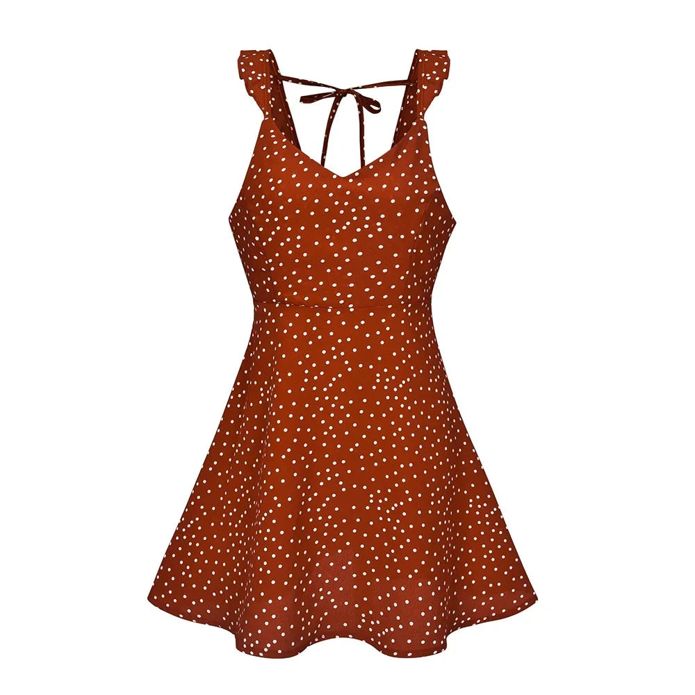 qgtao Summer Women Polka Dot Dress Sexy Backless Short Dresses Deep V Neck Ladies Spaghetti Strap Mini A-Line Sundress