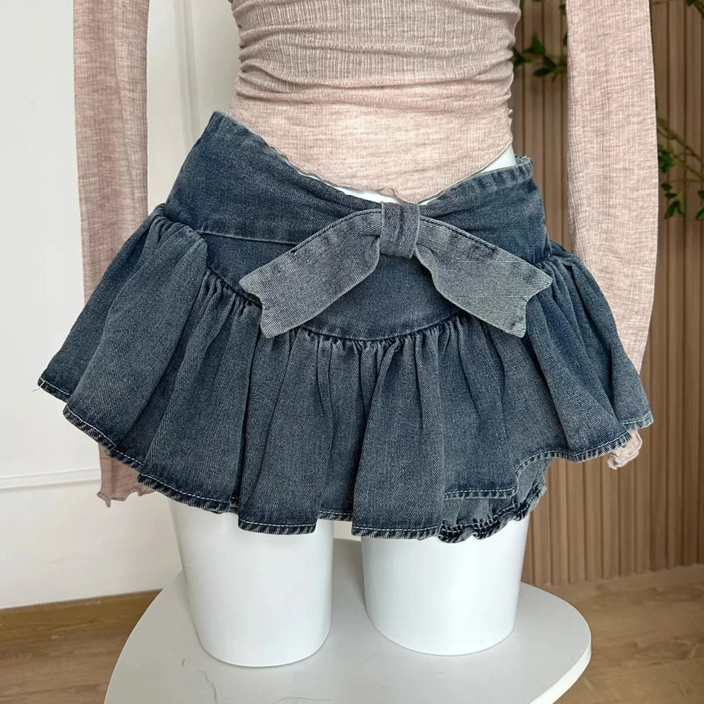 qgtao Women Bow Pleated Jean Skirt Shorts Summer Trendy Irregular Hem Sexy Spice Girl A-line Denim Mini Skirts Vintage Chic Streetwear