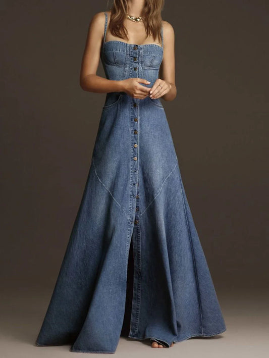 qgtao Fashion Women Denim Tank Dress Vintage Square Collar Waisted Sundress 2024 Summer Buttons Maxi Dress Holiday Solid Robes