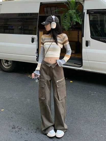 qgtao Y2K Vintage Striped Knitted Cropped Sweater Women Harajuku Hollow Out Patchwork Pullover Korean Fashion Casual Jumper