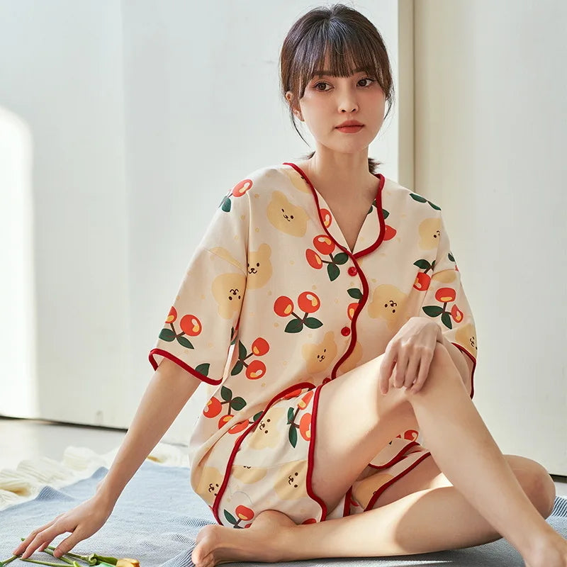 qgtao Spring Cardigan Lapels Nightwear Girls Young Women's Pajama Sets Pyjamas Loose Sleepwear Female Loungewear Pijama Mujer Homewear