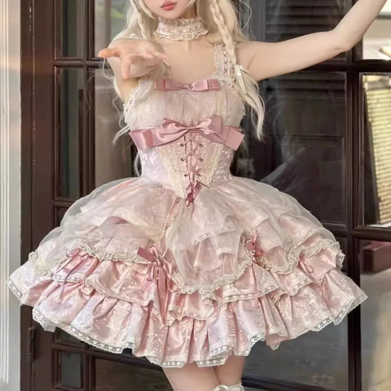 qgtao French Rose Deacon Jacquard JSK Party Corset Dress Set Court Style Women's Sweet Elegant Ball Gown Ballet Style Lolita Dress