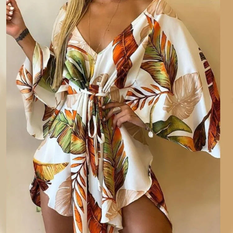 qgtao Sexy Women Autumn Mini Dress Floral Print V Neck 3/4 Bat Sleeve Lace Up Irregular Hem Casual Loose Beach Cover Up Dress