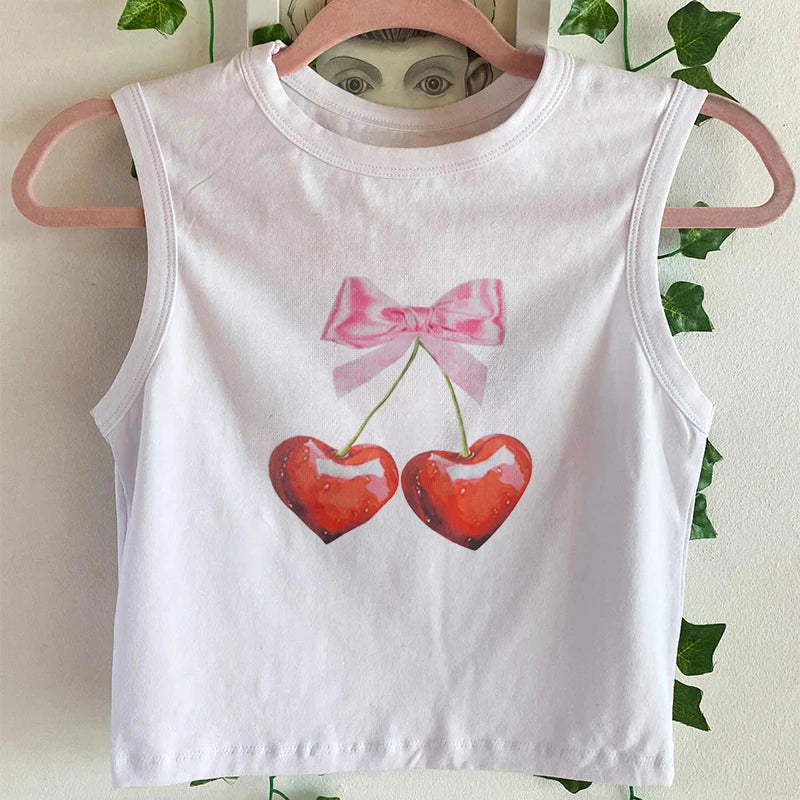 qgtao Y2k Tshirt Grunge Baby Tee Aesthetic Cherry Print Casual Vintage Streetwear Short Sleeve Crop Top Clothes Gothic Slim T-shirts
