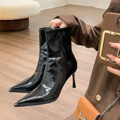 qgtao Women Thin High Heels Short Boots 2024 New Fashion Pointed Ankle Boots Ladies Autumn Winter Leather Side Zipper Sexy Party Pumps