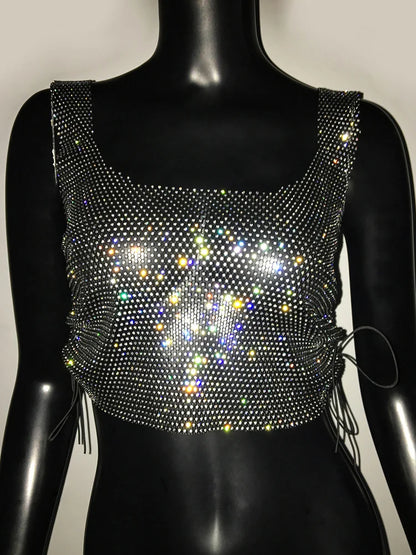 qgtao Y2K Square Collar Glitter Crop Top for Women Night Club Party Sexy See-through Tank Tops Sides Lace-up Backless Short Vest
