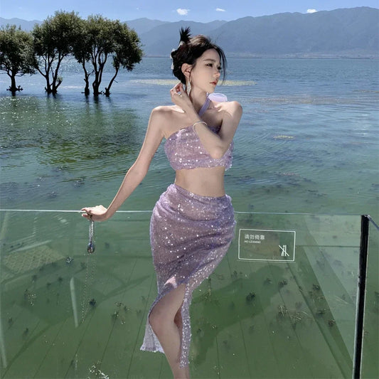 qgtao-2024 New Summer Purple Sequin Set for Women Sexy Split Half-body Dress Beach Holiday Casual Elegant 2 Pieces Female Clothing
