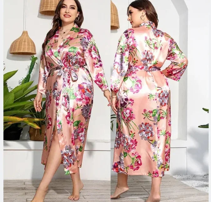 qgtao Oversize Long Robe Spring Summer Women Sleepwear Kimono Bathrobe Gown Sexy Satin Nightwear Nightgown Loose Home Dressing Gown