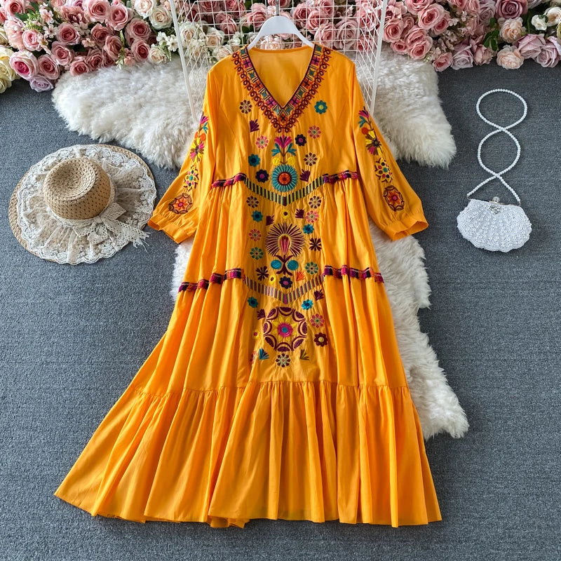 qgtao Vintage Chic Women  Floral Embroidery Beach Bohemian Mini Dress Ladies Short Sleeve V-neck Cotton and Linen Boho Dresses Vestido