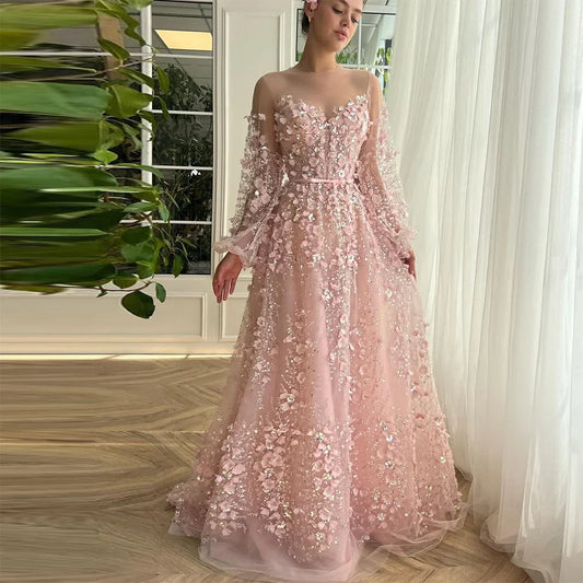 Exquisite Sequined Crystal Beading 3D Flowers Prom Dresses Long Sleeves Pleat Ruched A-Line Evening Gowns Formal Gown