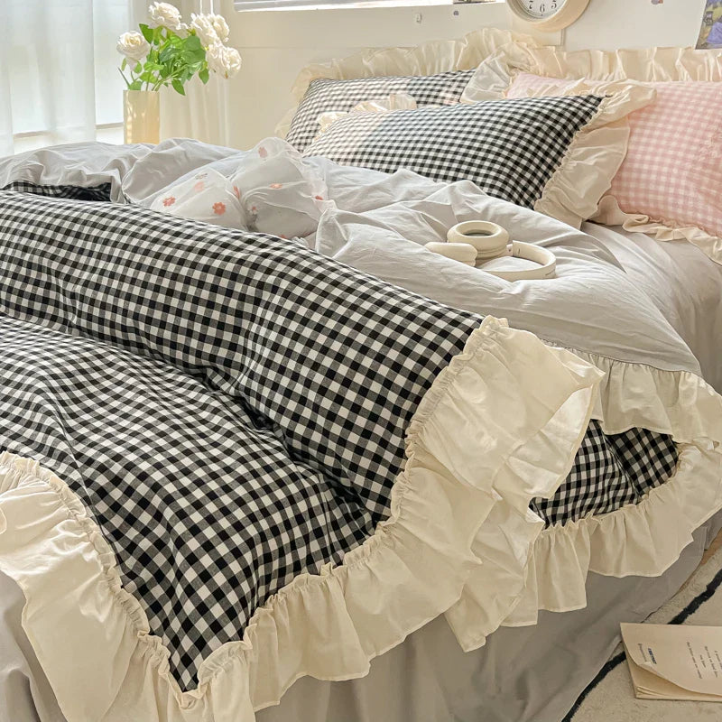 Yeknu Korean Princess Style Bedding Set Soft Skin-friendly Lattice Lace Ruffles Quilt Cover Plaid Style Duvet Covers Set Pillowcases