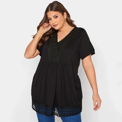 qgtao Plus Size Summer Elegant Peplum Tunic Women Short Sleeve Lace Panel V-neck Casual Blouse Top Plus Size Women Clothing 5XL 6XL