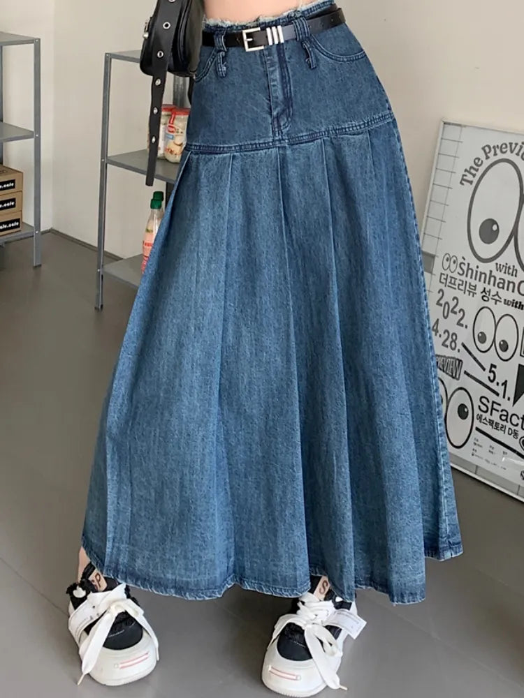 qgtao Long Skirts Women Vintage Spring Summer High Waist Jean Skirt Ladies  A-Line Ruffle Pleated Denim Skirt Plus Size With Belt