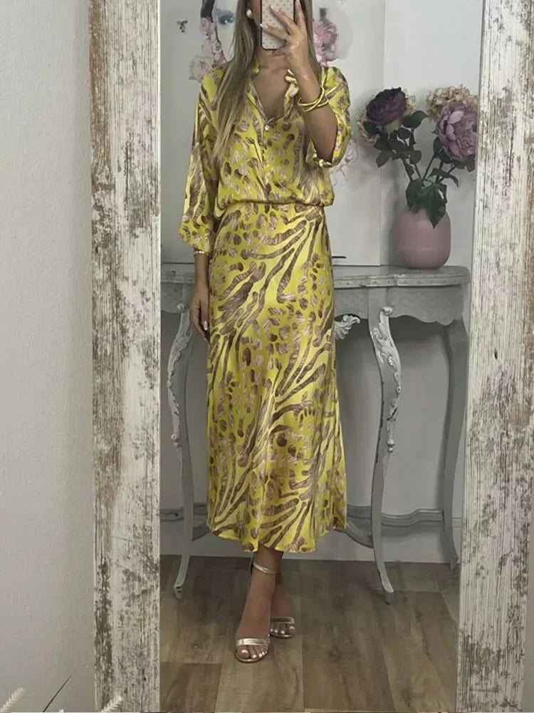 qgtao Summer Chic Printed Long Skirt Sets Women Fashion V Neck Half Sleeve Single Breasted Shirt Suits 2024  Female Commuting  Outfits