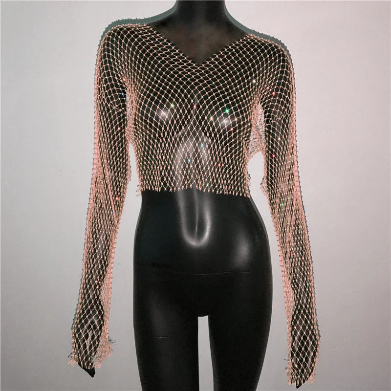 qgtao Women Sexy Mesh See Through T Shirt Shiny Rhinestone Fishnet Hollow Out Crop Top Long Sleeve Beach Cover Up Party Club Tank Tops