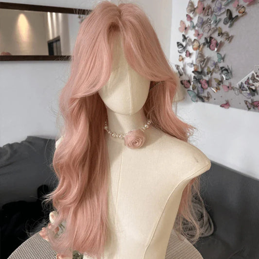 qgtao  -  Pink wigs for Women Dense Long Wave Cospaly Lolita Daily Party Synthetic Wig with Bangs Fake Hair High Temperature Wigs