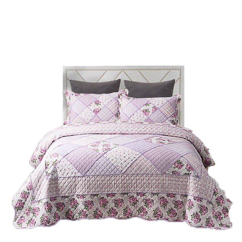 Yeknu Single Double Bed 100%Cotton Purple 3pcs Printed Quilted Quilt Pillowcase Free Shipping lençol de cama casal أسرّة