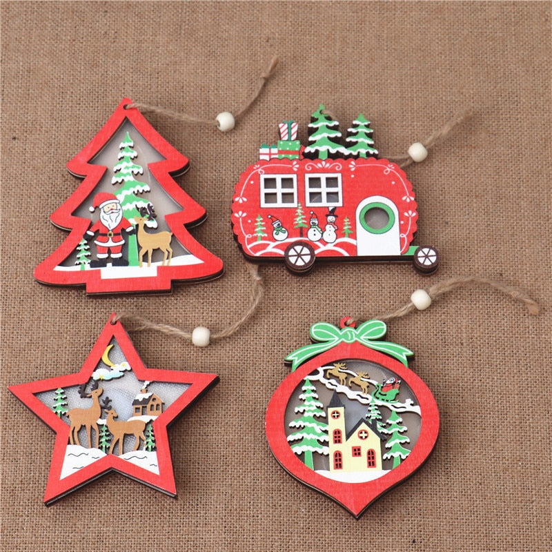Creative Led Light Christmas Tree Hanging Pendant Star Car Heart Wooden Ornament Home Xmas Decoration New Year Navidad Kids Gift