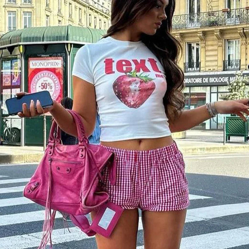 qgtao Y2k Street Crop Tops Women's Short Sleeve O Neck Clothes Sexy T-shirts Sling Vest Graphics Print Summer Female Slim Baby Tees