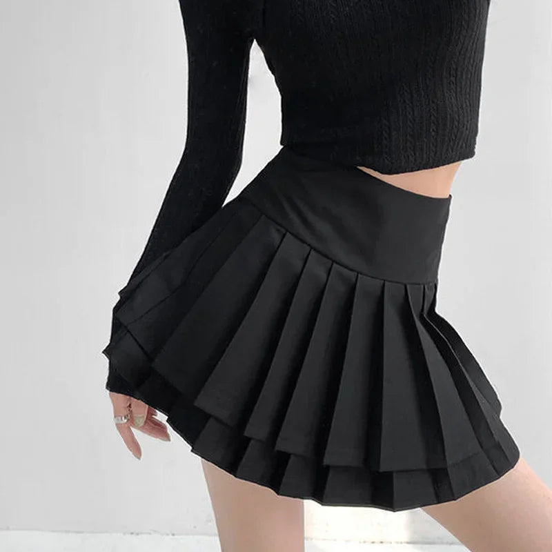 qgtao Preppy Style Double Pleated Skirt Women Korean Skort Summer Sexy Y2k High Waist Patchwork Solid Mini Skirt A-line Casual