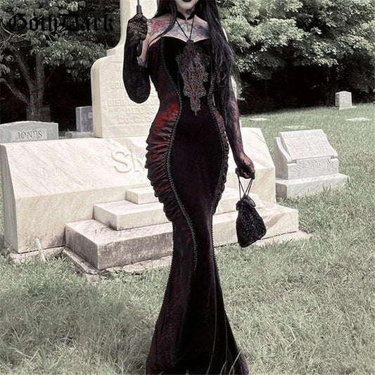 qgtao Goth Dark Ladies Elegant Fashion Tight Halter Mermaid Dresses Hotsweet Corset Mesh Maxi Dress Gothic Pleated Bodycon Party Gown