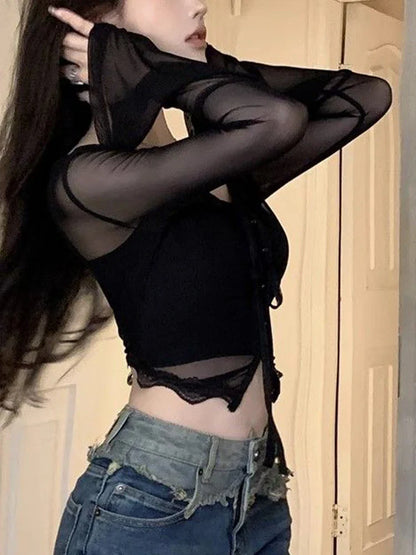 qgtao Y2K T-Shirts Women Hotsweet Slim Crop Tops Female Sexy Irregular 2 Piece Set Ladies Spicy Girl Fashion Basic Tight T Shirt