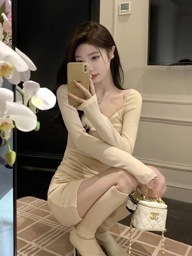 qgtao Winter Korean Elegant Mini Dress Women Chic Vintage Long Sleeve Irregular Dress Autumn Fashion Trend Princess Party Dress 2024