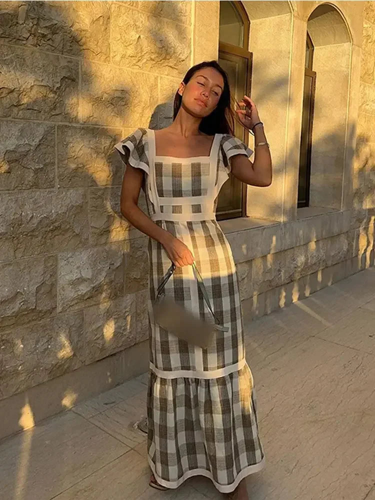 qgtao Vintage Plaid Flying Sleeve Shoulder Midi Dress Elegant Spliced Square Collar High Waist Vestidos Spring High Street Female Robe