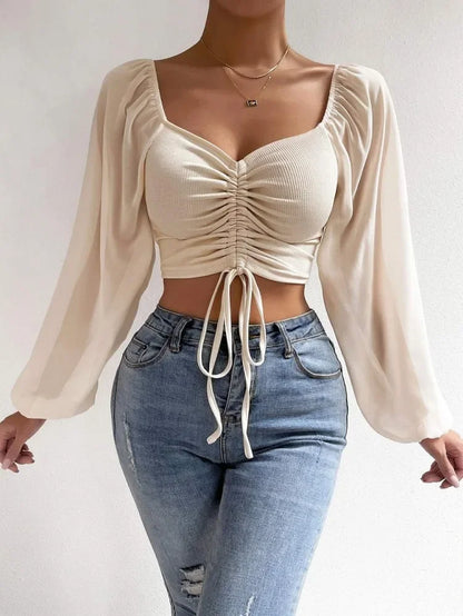 Sexy V-neck Women T Shirt Casual Drawstring Crop Tops Tee Ladies Blusas Summer Short Tshirt Woman Clothes Long Sleeve T Shirt