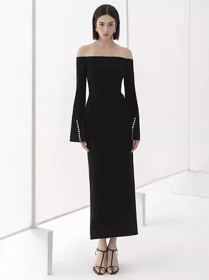 qgtao Fashion Women's Dress Slash Neck Flare Sleeves Folds Button Decorate Slim Ankle-length Dresses Summer 2024 New Tide 13DL10