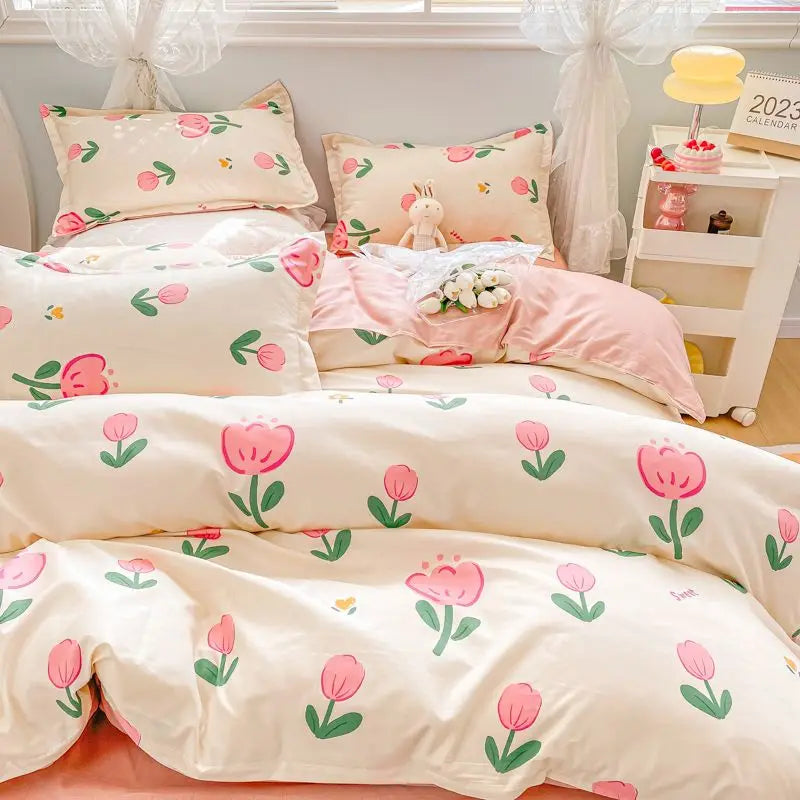 Yeknu New Fashion Bedding Set Ins Floral Single Double Size Duvet Cover Flat Sheet Pillowcase Grid Solid Color Home Girls Bed Linens