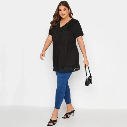 qgtao Plus Size Summer Elegant Peplum Tunic Women Short Sleeve Lace Panel V-neck Casual Blouse Top Plus Size Women Clothing 5XL 6XL