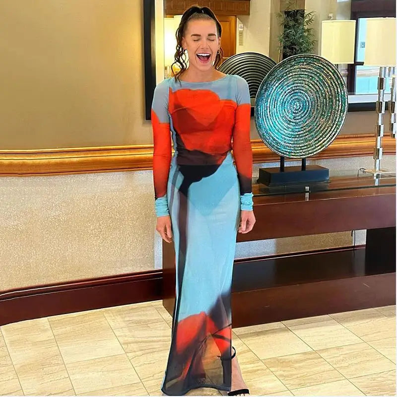 qgtao聽Sexy Women鈥檚 Slim Fit Long Dress Cover-Ups Sheer Mesh Long Sleeve Floral Print Beach Dress Side Split Bikini Cover-Ups 2024