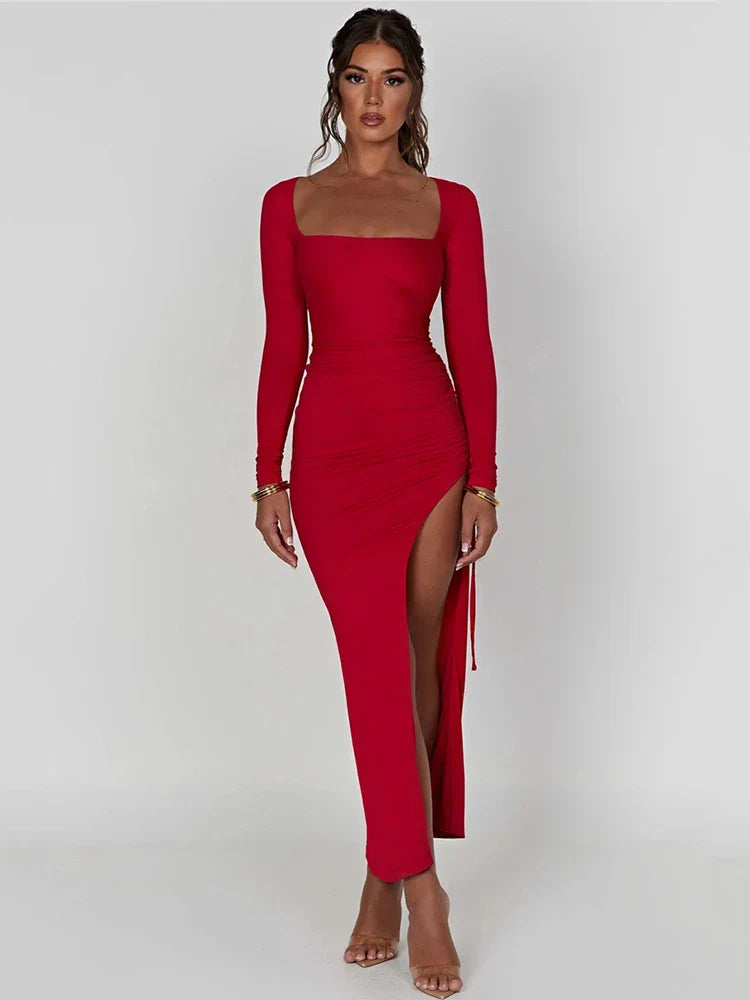 qgtao Long Sleeve Ruched High Split Maxi Dress Women Square Collar Drawstring Bodycon Sexy Party Long Dress Elegant Autumn