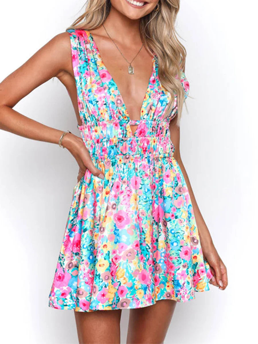 qgtao New Backless Sexy Women Mini Dress Sleeveless V Neck Backless Flower Print Summer Club Party Dress Sundress Streetwear S M L