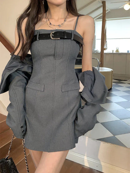 qgtao-Korean Style Two Piece Dress Set Women Elegant Blazer Coat + Strap Dress Set Female Casual France Vintage Dress Suit Spring 2023
