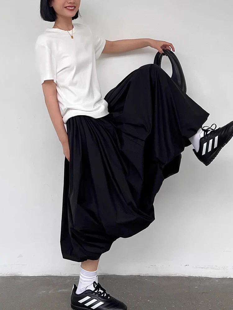 qgtao Long Skirt Women Elegant Solid Elastic Waist A-line Vintage Korean Fashion Loose Balloon Maxi Skirt Casual Streetwear