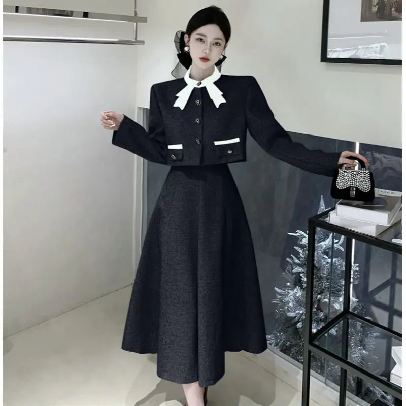 qgtao Korean Elegant Two Piece Set Women Autumn Chic Bow Coat Folds Midi Skirt Set Vintage Office Lady Formal Occasion Party Skirt Set