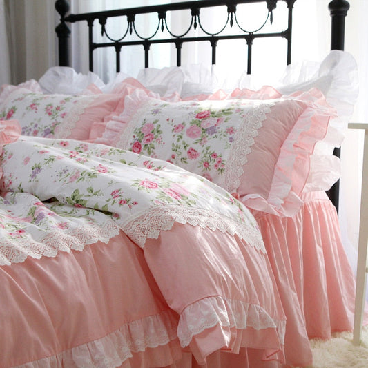 Yeknu Romantic Ruffle luxury duvet cover rose print bedding king duvet cover lace bed set princess cotton quilt cover duvet set queen