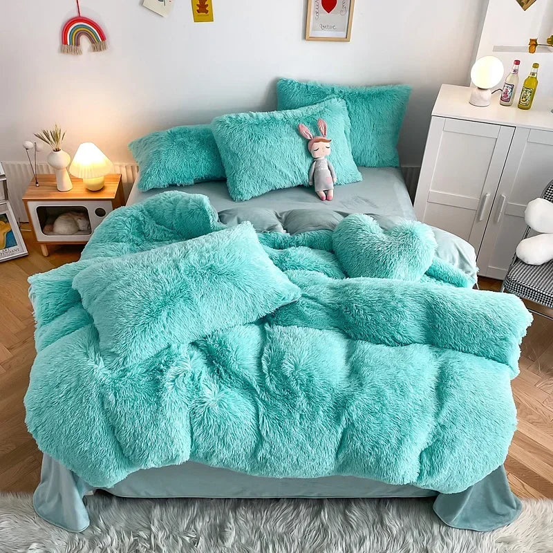 Yeknu Plush Bedding Set Soft Fluffy Faux Fur Duvet Cover Sheet Pillowcase Fuzzy warm Bedlinens