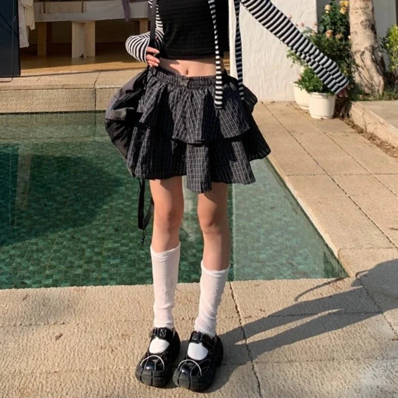 qgtao Ruffle Plaid Mini Skirt Women Kawaii Preppy Style Short Skirts Layered Sweet Cute Korean Fashion Casual Street Skirt