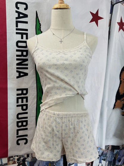 Little Bear Eyelet Cotton Vest Shorts Set Summer Sweet Bow Lace Camis Tops And Shorts Vintage Cute 2 Piece Sets Women Outfit New