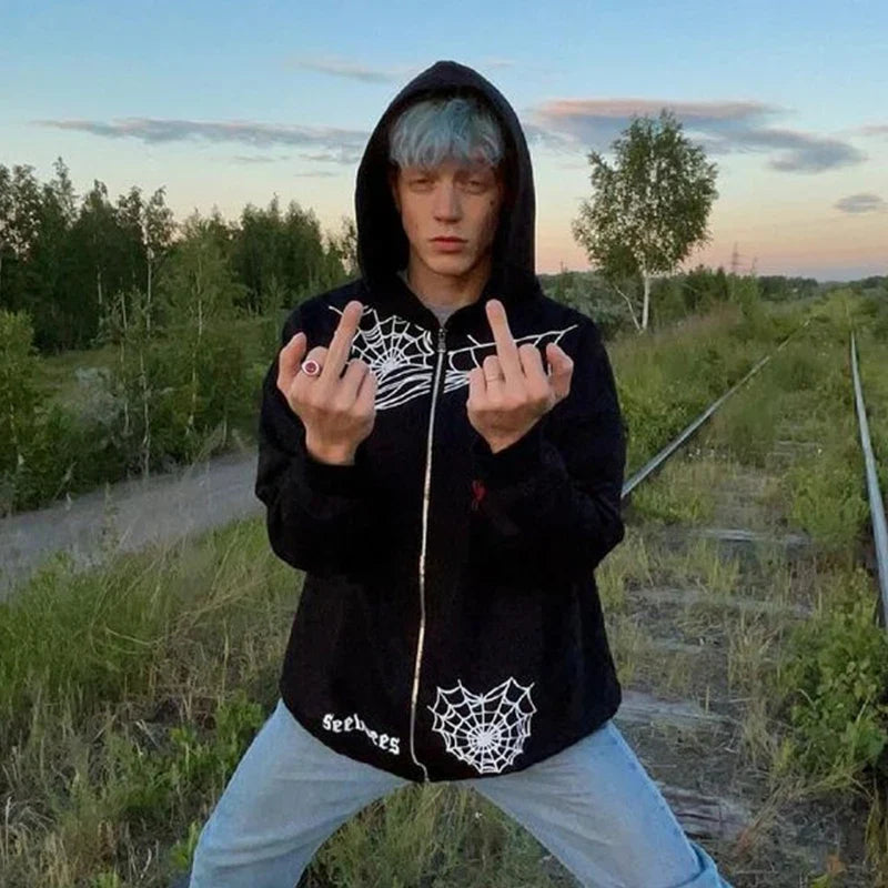qgtao Y2K Spiders Printed Zip Up Oversized Sweatshirt Autumn Goth Hoodie Men And Women Grunge Hoodies Jacket Zipper Streetwear Clothes