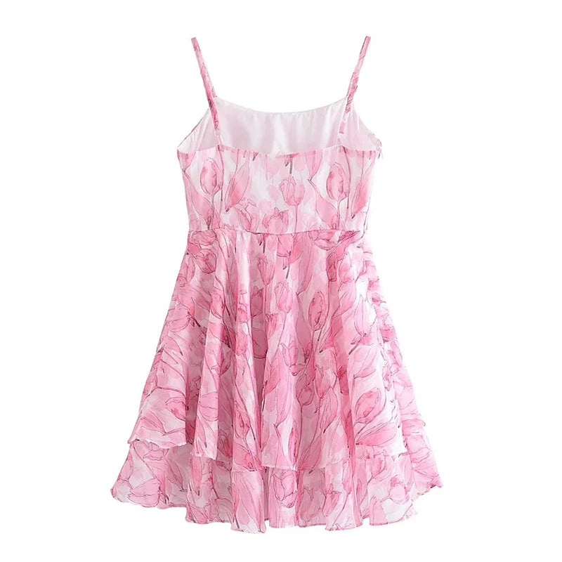 qgtao  Sweet Women Pink Floral Print Sexy Sling Mini Dress Sleeveless Female A-line Mini Summer Dresses Holiday Robe